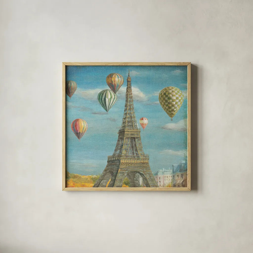 Balloon Festival by Danhui Nai. Shown in a natural wood glass frame for a timeless modern aesthetic. Available as an archival giclee rolled canvas, fine art paper, or poster print. SKU 13498a.
