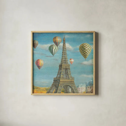 Balloon Festival by Danhui Nai. Shown in a natural wood glass frame for a timeless modern aesthetic. Available as an archival giclee rolled canvas, fine art paper, or poster print. SKU 13498a.