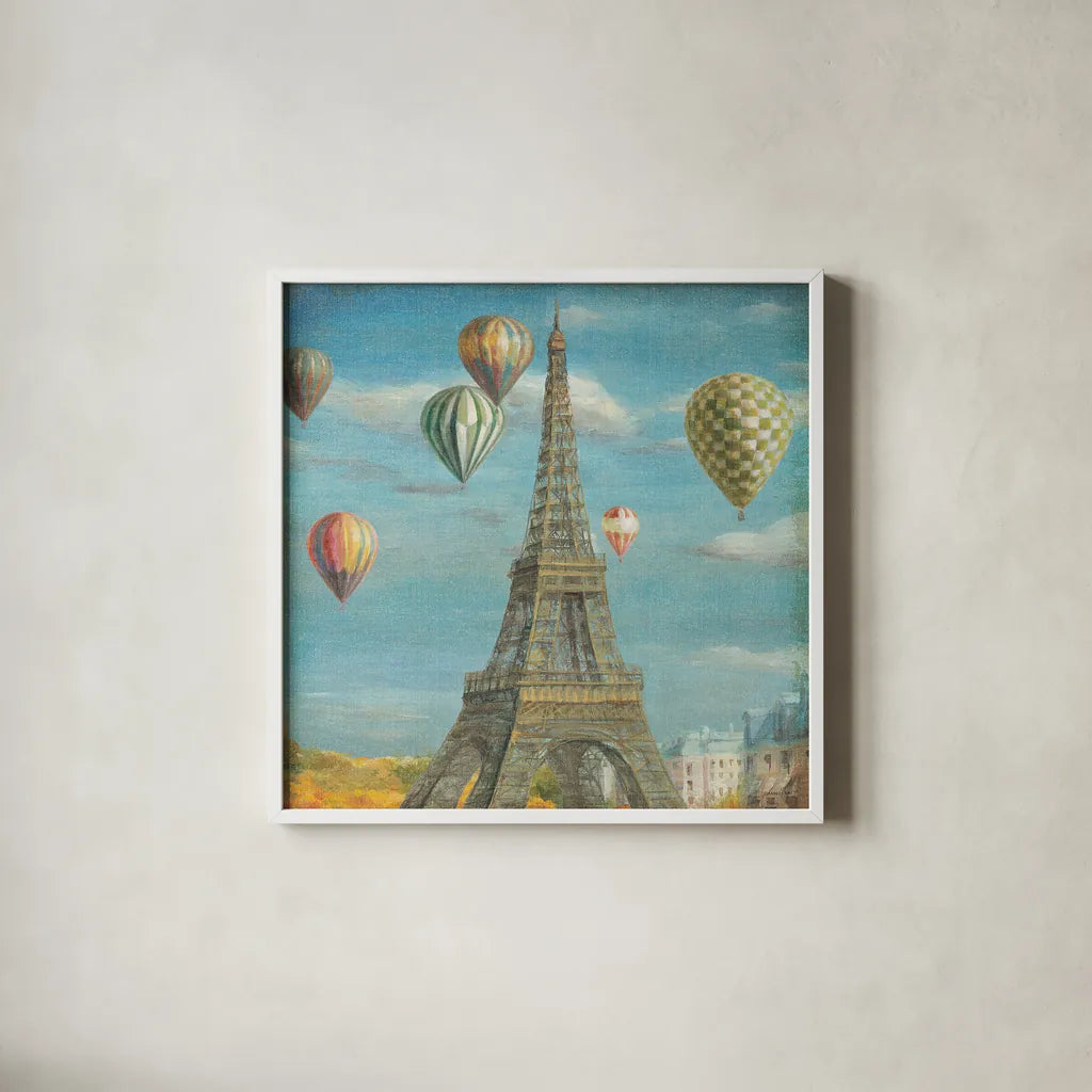 Balloon Festival by Danhui Nai. Shown in a crisp white glass frame for a clean and minimalist style. Available as an archival giclee rolled canvas, fine art paper, or poster print. SKU 13498a.
