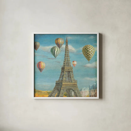 Balloon Festival by Danhui Nai. Shown in a crisp white glass frame for a clean and minimalist style. Available as an archival giclee rolled canvas, fine art paper, or poster print. SKU 13498a.