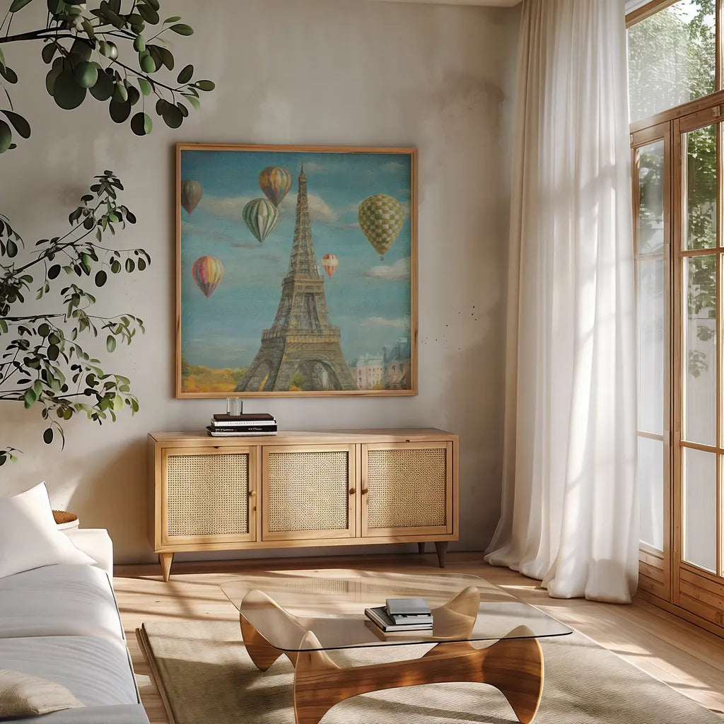 Balloon Festival by Danhui Nai. Shown in a natural wood frame in a cozy modern living room. Available as an archival giclee rolled canvas, fine art paper, or poster print. SKU 13498a.