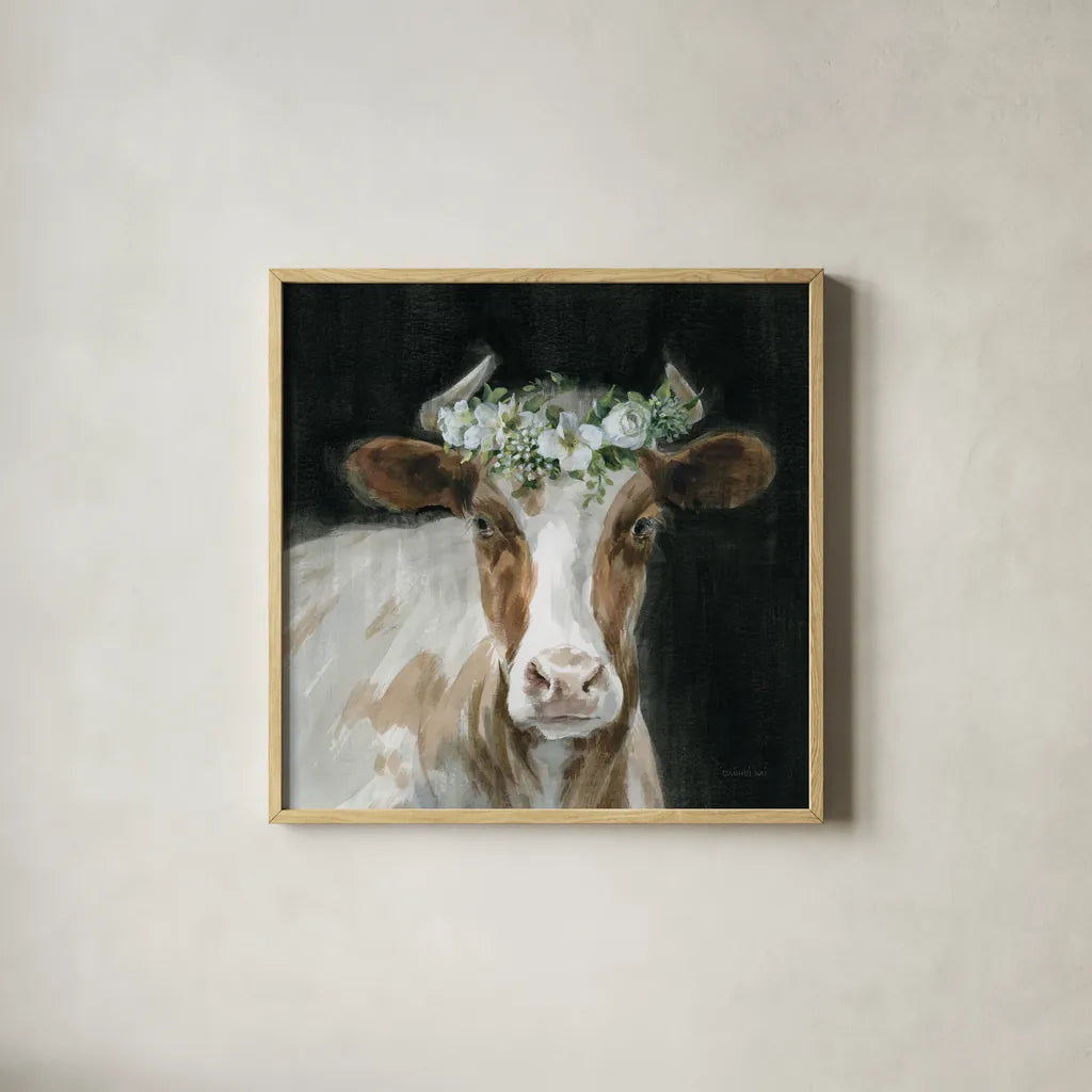 Barnyard Whimsy I by Danhui Nai. Shown in a natural wood glass frame for a timeless modern aesthetic. Available as an archival giclee rolled canvas, fine art paper, or poster print. SKU 90431a.