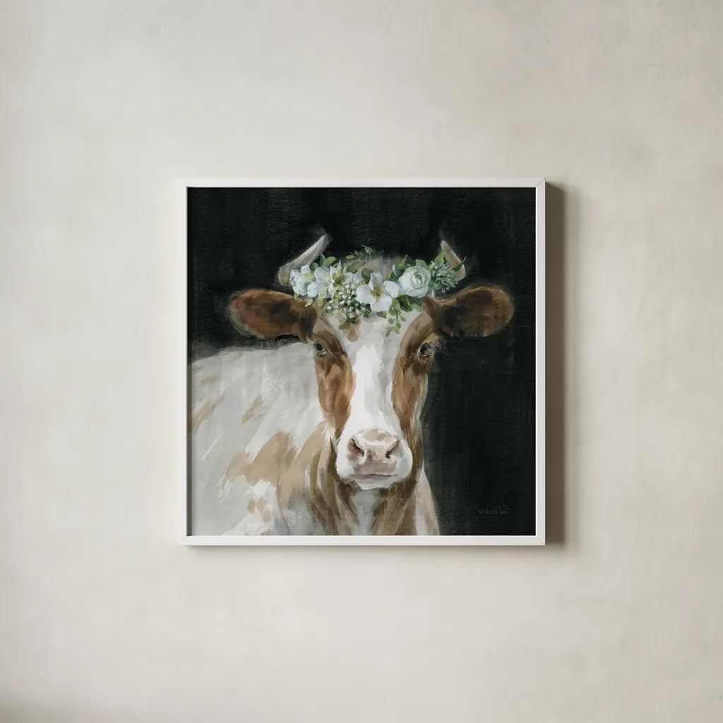 Barnyard Whimsy I by Danhui Nai. Shown in a crisp white glass frame for a clean and minimalist style. Available as an archival giclee rolled canvas, fine art paper, or poster print. SKU 90431a.