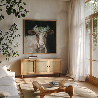 Barnyard Whimsy I by Danhui Nai. Shown in a natural wood frame in a cozy modern living room. Available as an archival giclee rolled canvas, fine art paper, or poster print. SKU 90431a.