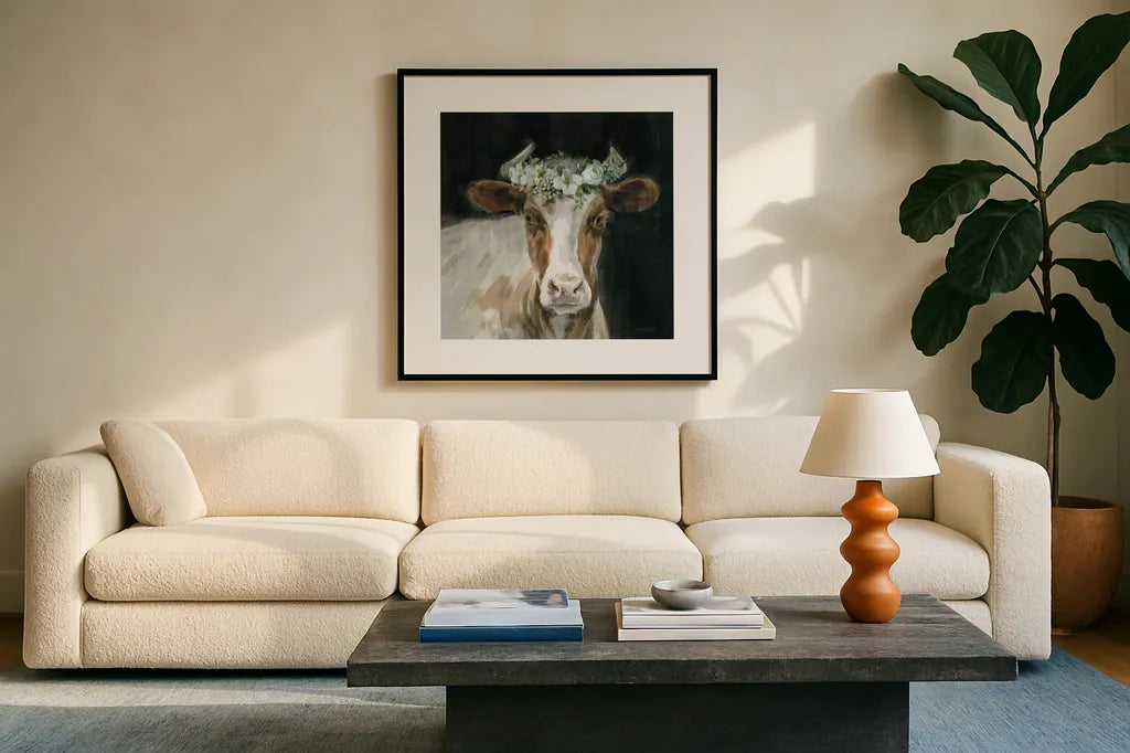 Barnyard Whimsy I by Danhui Nai. Displayed in a glass frame with matte in a clean modern living room. Available as an archival giclee rolled canvas, fine art paper, or poster print. SKU 90431a.