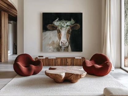 Barnyard Whimsy I by Danhui Nai. Shown as extra-large giant wall art in a modern living room. Available as an archival giclee rolled canvas, fine art paper, or poster print. SKU 90431a.