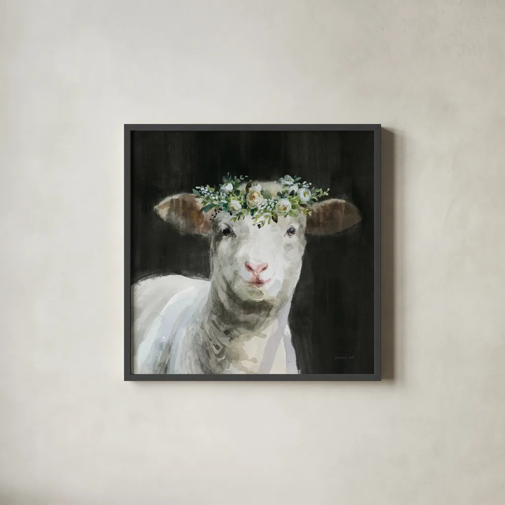 Barnyard Whimsy II by Danhui Nai. Shown in a sleek black glass frame for a contemporary gallery look. Available as an archival giclee rolled canvas, fine art paper, or poster print. SKU 90432a.