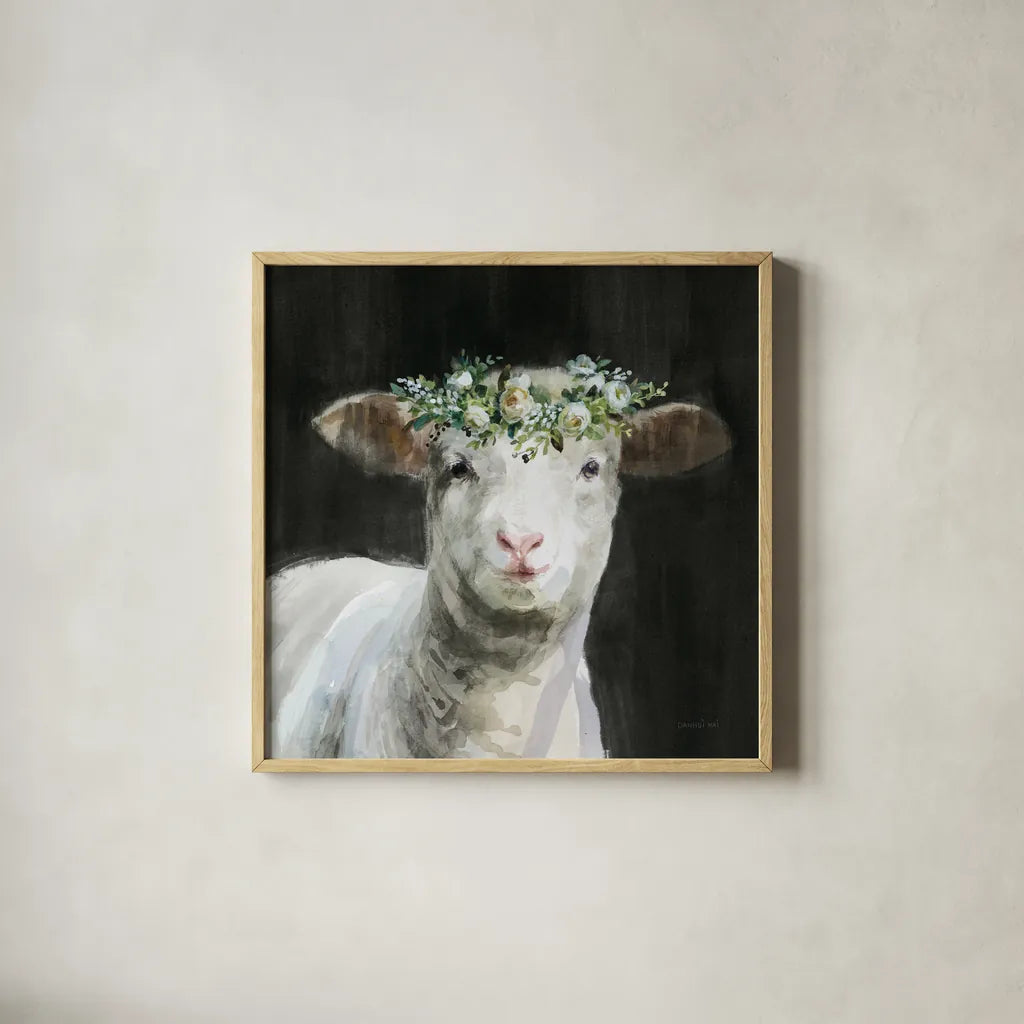 Barnyard Whimsy II by Danhui Nai. Shown in a natural wood glass frame for a timeless modern aesthetic. Available as an archival giclee rolled canvas, fine art paper, or poster print. SKU 90432a.
