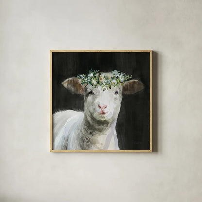 Barnyard Whimsy II by Danhui Nai. Shown in a natural wood glass frame for a timeless modern aesthetic. Available as an archival giclee rolled canvas, fine art paper, or poster print. SKU 90432a.
