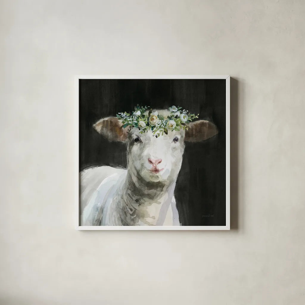 Barnyard Whimsy II by Danhui Nai. Shown in a crisp white glass frame for a clean and minimalist style. Available as an archival giclee rolled canvas, fine art paper, or poster print. SKU 90432a.