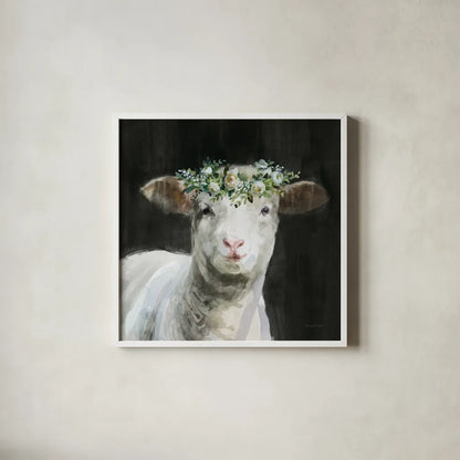 Barnyard Whimsy II by Danhui Nai. Shown in a crisp white glass frame for a clean and minimalist style. Available as an archival giclee rolled canvas, fine art paper, or poster print. SKU 90432a.