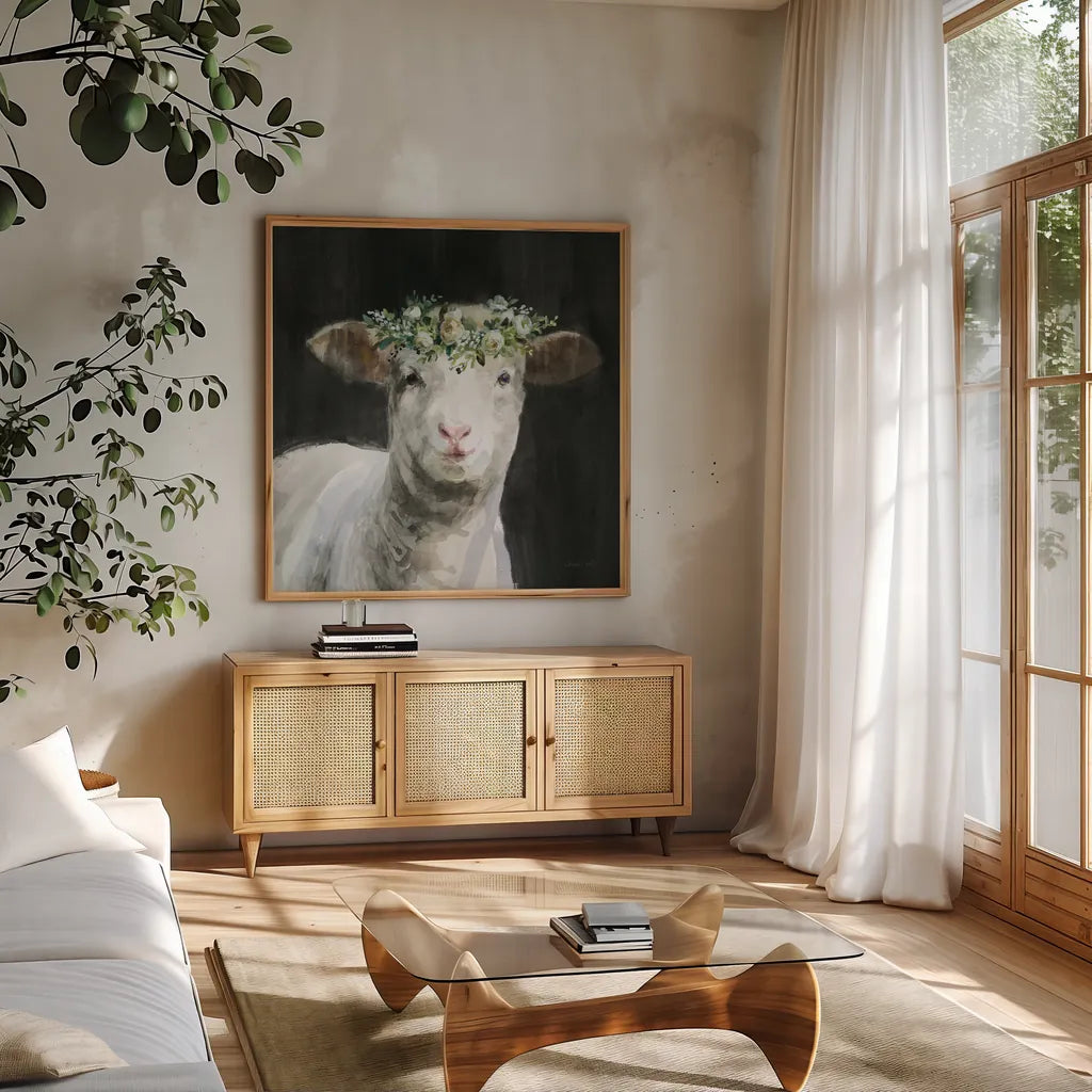 Barnyard Whimsy II by Danhui Nai. Shown in a natural wood frame in a cozy modern living room. Available as an archival giclee rolled canvas, fine art paper, or poster print. SKU 90432a.