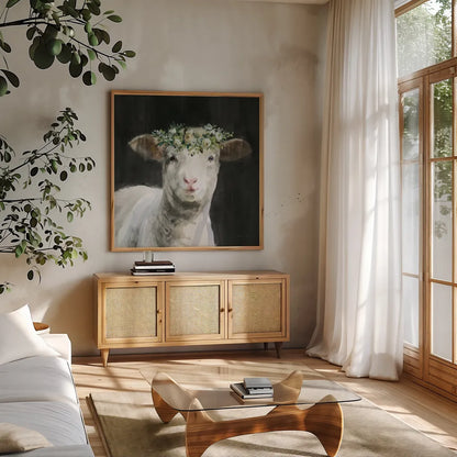 Barnyard Whimsy II by Danhui Nai. Shown in a natural wood frame in a cozy modern living room. Available as an archival giclee rolled canvas, fine art paper, or poster print. SKU 90432a.