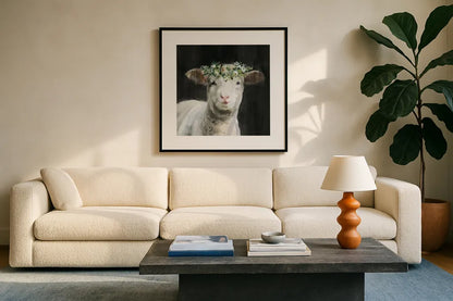 Barnyard Whimsy II by Danhui Nai. Displayed in a glass frame with matte in a clean modern living room. Available as an archival giclee rolled canvas, fine art paper, or poster print. SKU 90432a.