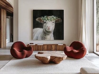 Barnyard Whimsy II by Danhui Nai. Shown as extra-large giant wall art in a modern living room. Available as an archival giclee rolled canvas, fine art paper, or poster print. SKU 90432a.