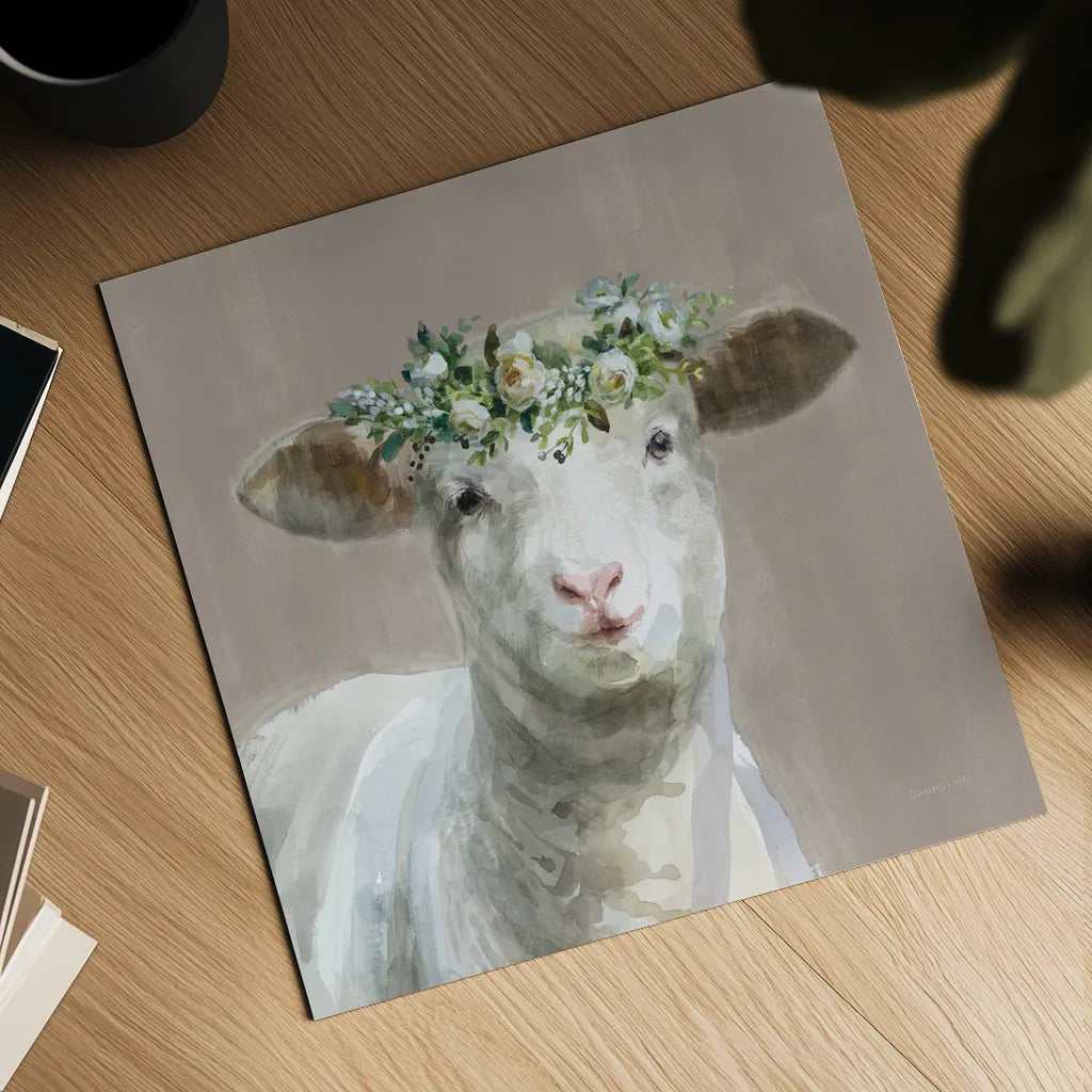 Barnyard Whimsy II Taupe by Danhui Nai. Shown as a detailed flat fine art print, highlighting archival giclee quality. Available as an archival giclee rolled canvas, fine art paper, or poster print. SKU 96639a.