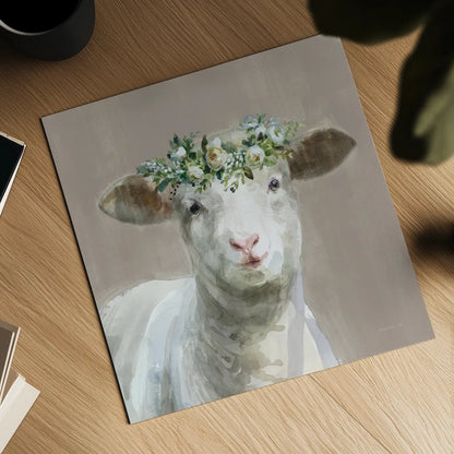 Barnyard Whimsy II Taupe by Danhui Nai. Shown as a detailed flat fine art print, highlighting archival giclee quality. Available as an archival giclee rolled canvas, fine art paper, or poster print. SKU 96639a.
