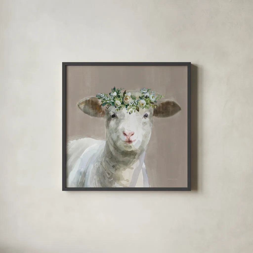 Barnyard Whimsy II Taupe by Danhui Nai. Shown in a sleek black glass frame for a contemporary gallery look. Available as an archival giclee rolled canvas, fine art paper, or poster print. SKU 96639a.
