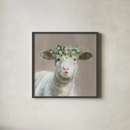 Barnyard Whimsy II Taupe by Danhui Nai. Shown in a sleek black glass frame for a contemporary gallery look. Available as an archival giclee rolled canvas, fine art paper, or poster print. SKU 96639a.