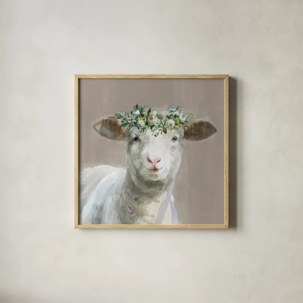Barnyard Whimsy II Taupe by Danhui Nai. Shown in a natural wood glass frame for a timeless modern aesthetic. Available as an archival giclee rolled canvas, fine art paper, or poster print. SKU 96639a.