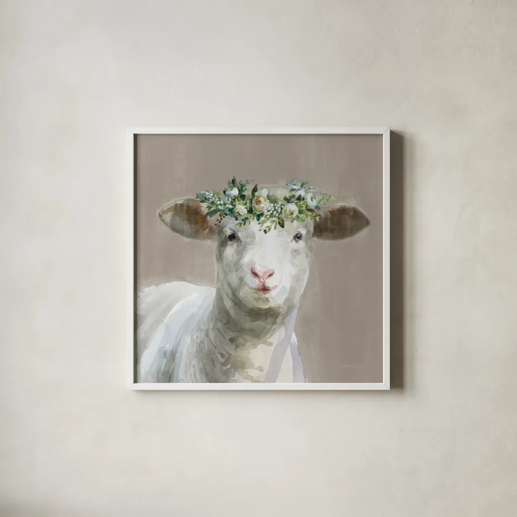 Barnyard Whimsy II Taupe by Danhui Nai. Shown in a crisp white glass frame for a clean and minimalist style. Available as an archival giclee rolled canvas, fine art paper, or poster print. SKU 96639a.