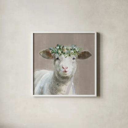 Barnyard Whimsy II Taupe by Danhui Nai. Shown in a crisp white glass frame for a clean and minimalist style. Available as an archival giclee rolled canvas, fine art paper, or poster print. SKU 96639a.
