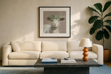 Barnyard Whimsy II Taupe by Danhui Nai. Displayed in a glass frame with matte in a clean modern living room. Available as an archival giclee rolled canvas, fine art paper, or poster print. SKU 96639a.