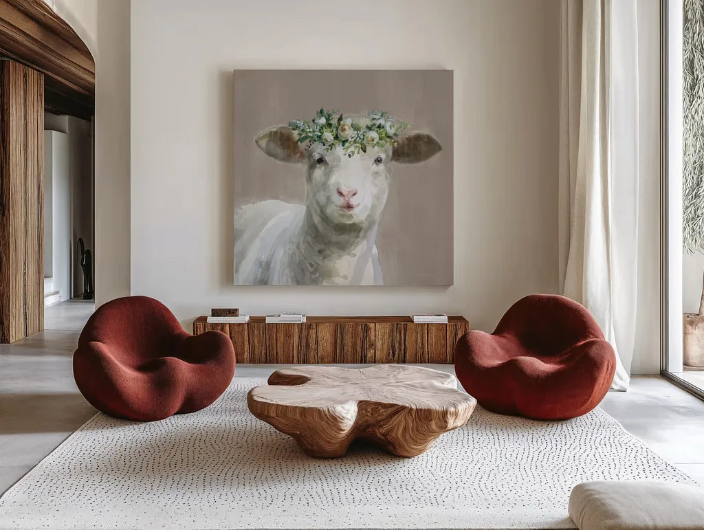 Barnyard Whimsy II Taupe by Danhui Nai. Shown as extra-large giant wall art in a modern living room. Available as an archival giclee rolled canvas, fine art paper, or poster print. SKU 96639a.