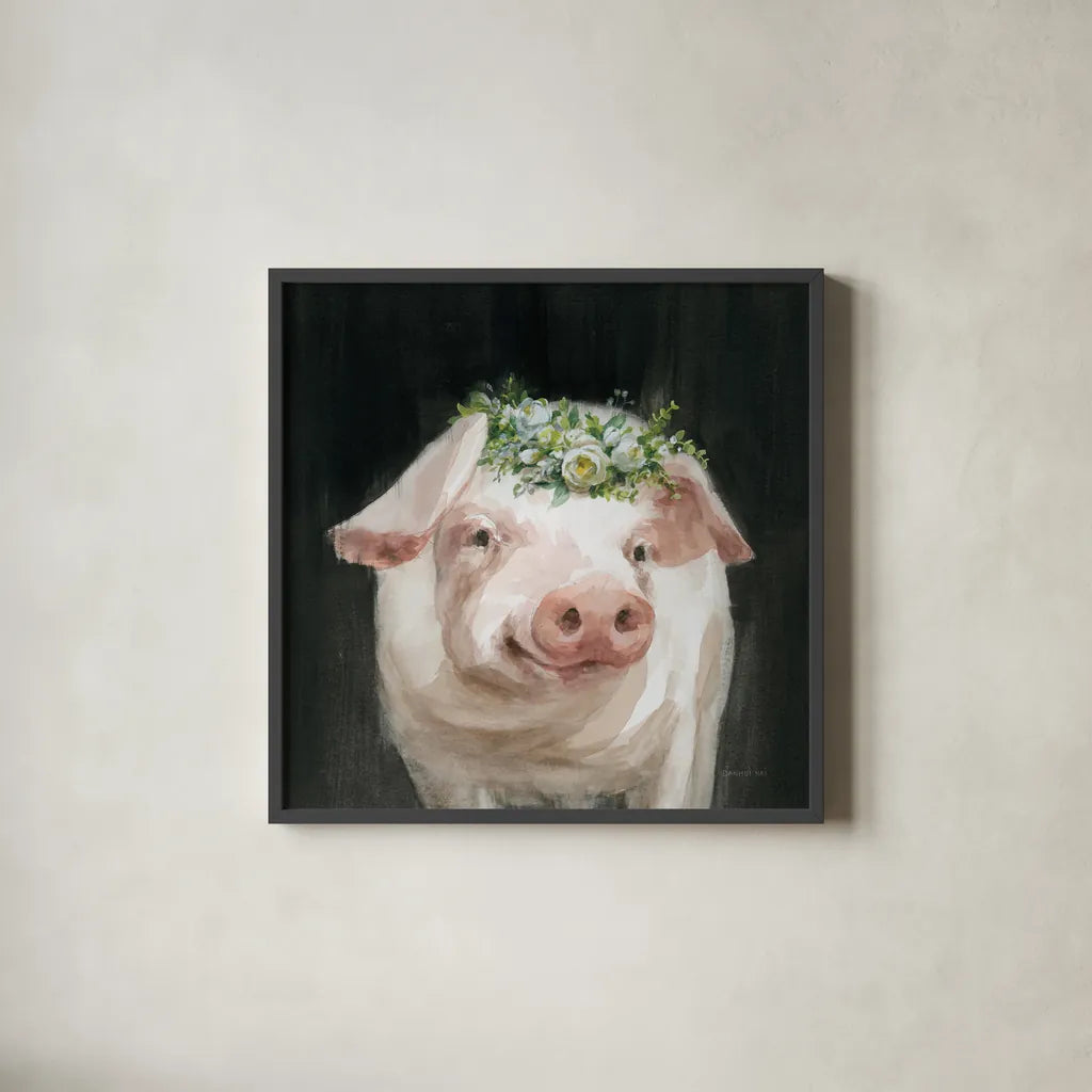 Barnyard Whimsy III by Danhui Nai. Shown in a sleek black glass frame for a contemporary gallery look. Available as an archival giclee rolled canvas, fine art paper, or poster print. SKU 90433a.