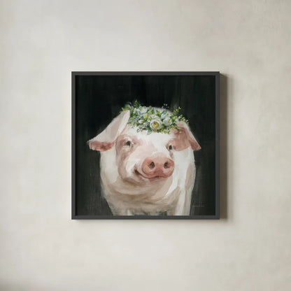 Barnyard Whimsy III by Danhui Nai. Shown in a sleek black glass frame for a contemporary gallery look. Available as an archival giclee rolled canvas, fine art paper, or poster print. SKU 90433a.