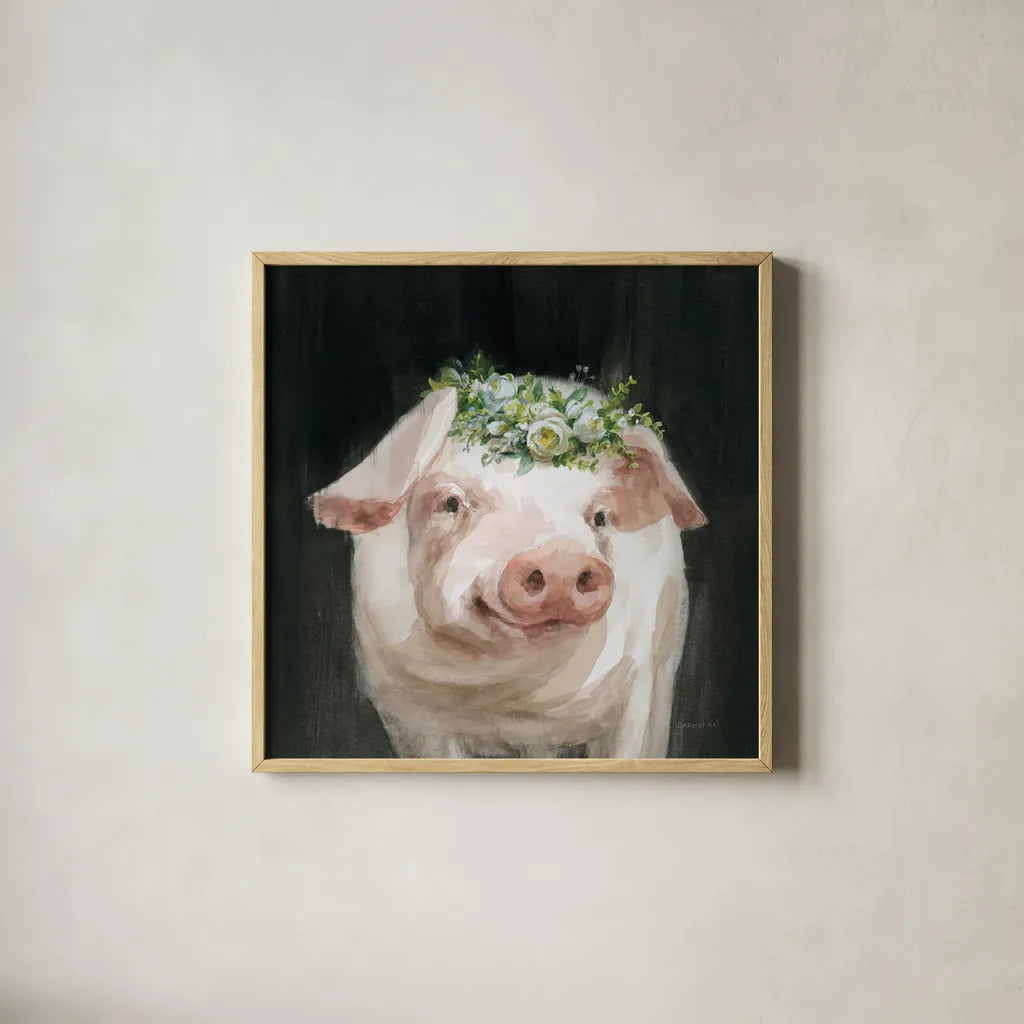 Barnyard Whimsy III by Danhui Nai. Shown in a natural wood glass frame for a timeless modern aesthetic. Available as an archival giclee rolled canvas, fine art paper, or poster print. SKU 90433a.