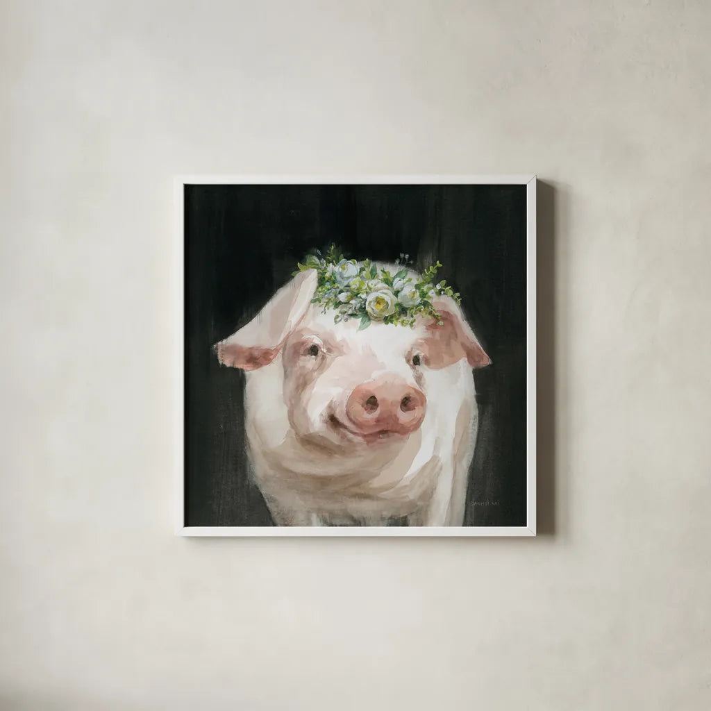 Barnyard Whimsy III by Danhui Nai. Shown in a crisp white glass frame for a clean and minimalist style. Available as an archival giclee rolled canvas, fine art paper, or poster print. SKU 90433a.