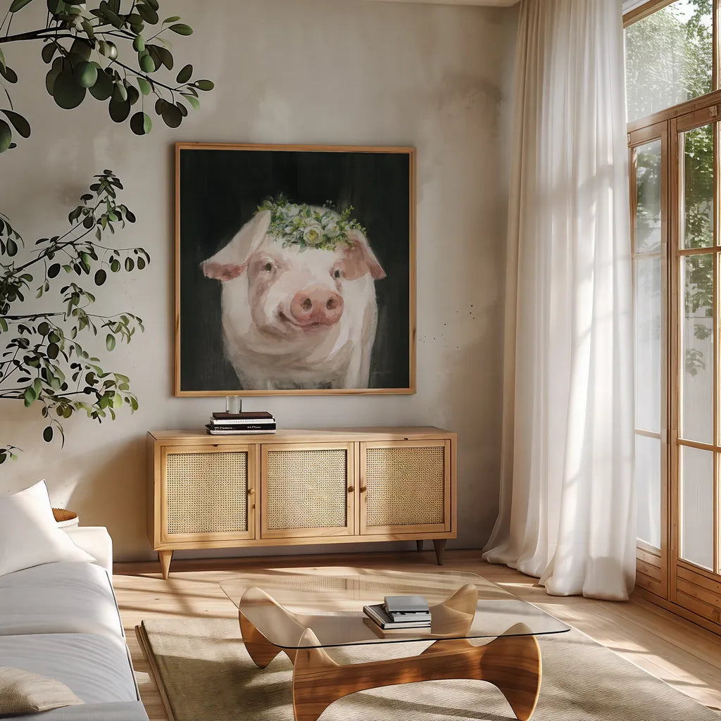 Barnyard Whimsy III by Danhui Nai. Shown in a natural wood frame in a cozy modern living room. Available as an archival giclee rolled canvas, fine art paper, or poster print. SKU 90433a.