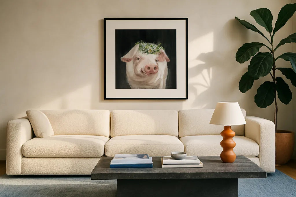 Barnyard Whimsy III by Danhui Nai. Displayed in a glass frame with matte in a clean modern living room. Available as an archival giclee rolled canvas, fine art paper, or poster print. SKU 90433a.