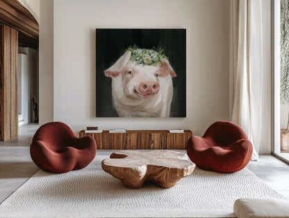 Barnyard Whimsy III by Danhui Nai. Shown as extra-large giant wall art in a modern living room. Available as an archival giclee rolled canvas, fine art paper, or poster print. SKU 90433a.
