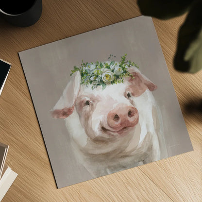 Barnyard Whimsy III Taupe by Danhui Nai. Shown as a detailed flat fine art print, highlighting archival giclee quality. Available as an archival giclee rolled canvas, fine art paper, or poster print. SKU 96640a.