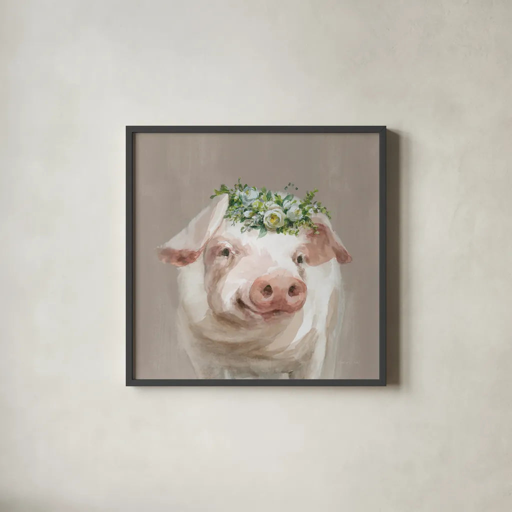 Barnyard Whimsy III Taupe by Danhui Nai. Shown in a sleek black glass frame for a contemporary gallery look. Available as an archival giclee rolled canvas, fine art paper, or poster print. SKU 96640a.