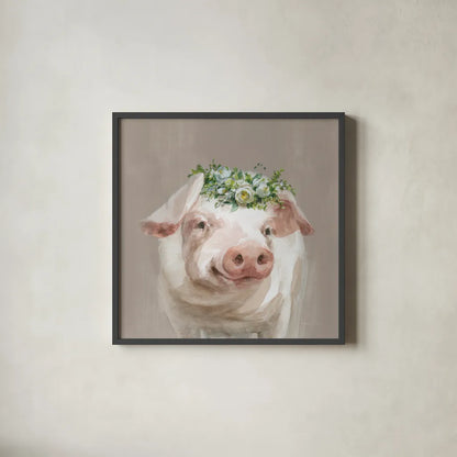 Barnyard Whimsy III Taupe by Danhui Nai. Shown in a sleek black glass frame for a contemporary gallery look. Available as an archival giclee rolled canvas, fine art paper, or poster print. SKU 96640a.