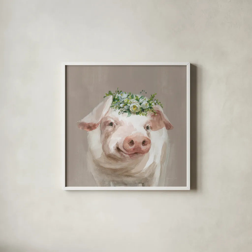 Barnyard Whimsy III Taupe by Danhui Nai. Shown in a crisp white glass frame for a clean and minimalist style. Available as an archival giclee rolled canvas, fine art paper, or poster print. SKU 96640a.