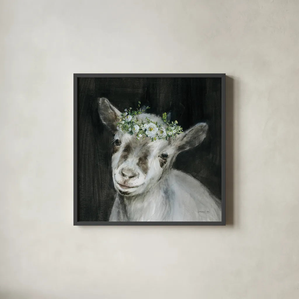 Barnyard Whimsy IV by Danhui Nai. Shown in a sleek black glass frame for a contemporary gallery look. Available as an archival giclee rolled canvas, fine art paper, or poster print. SKU 90434a.