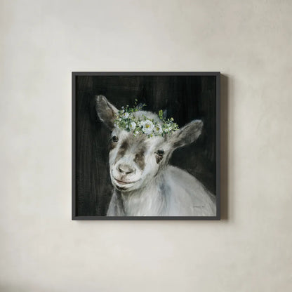 Barnyard Whimsy IV by Danhui Nai. Shown in a sleek black glass frame for a contemporary gallery look. Available as an archival giclee rolled canvas, fine art paper, or poster print. SKU 90434a.