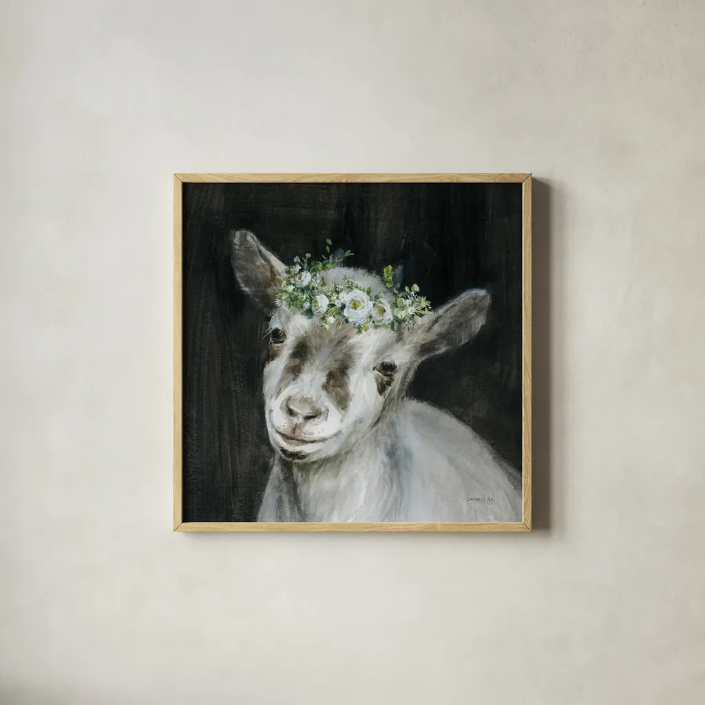 Barnyard Whimsy IV by Danhui Nai. Shown in a natural wood glass frame for a timeless modern aesthetic. Available as an archival giclee rolled canvas, fine art paper, or poster print. SKU 90434a.