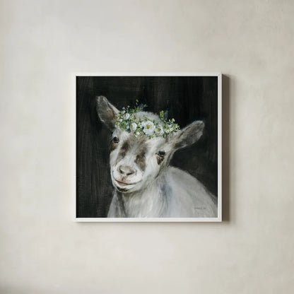 Barnyard Whimsy IV by Danhui Nai. Shown in a crisp white glass frame for a clean and minimalist style. Available as an archival giclee rolled canvas, fine art paper, or poster print. SKU 90434a.