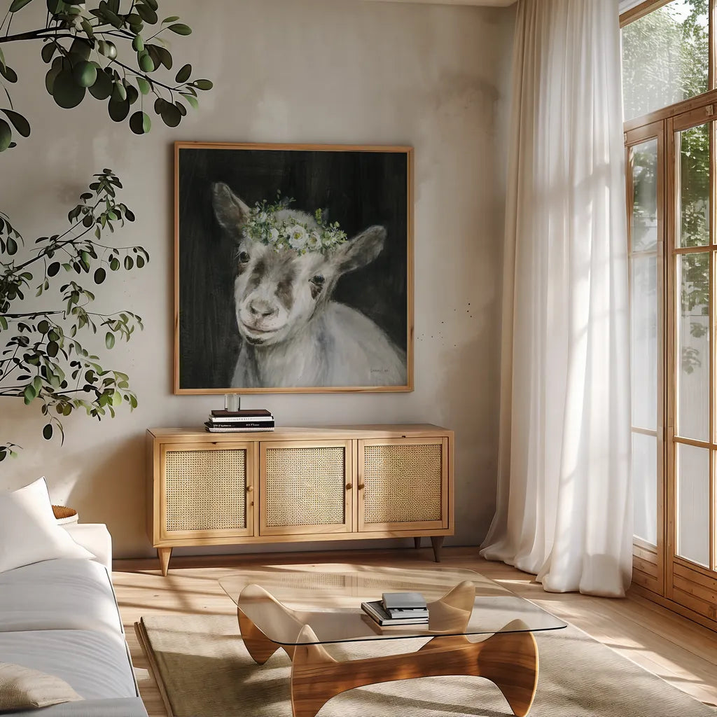 Barnyard Whimsy IV by Danhui Nai. Shown in a natural wood frame in a cozy modern living room. Available as an archival giclee rolled canvas, fine art paper, or poster print. SKU 90434a.