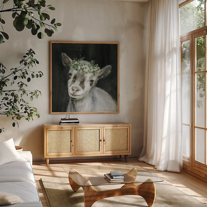 Barnyard Whimsy IV by Danhui Nai. Shown in a natural wood frame in a cozy modern living room. Available as an archival giclee rolled canvas, fine art paper, or poster print. SKU 90434a.