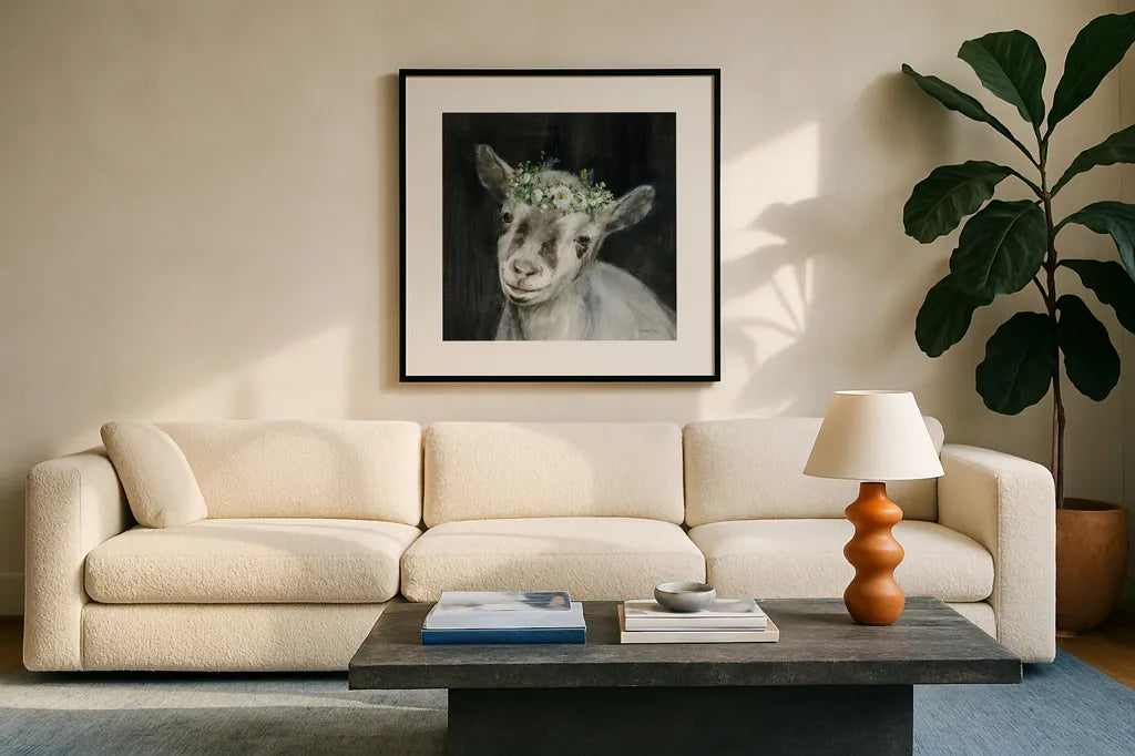 Barnyard Whimsy IV by Danhui Nai. Displayed in a glass frame with matte in a clean modern living room. Available as an archival giclee rolled canvas, fine art paper, or poster print. SKU 90434a.