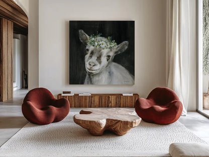 Barnyard Whimsy IV by Danhui Nai. Shown as extra-large giant wall art in a modern living room. Available as an archival giclee rolled canvas, fine art paper, or poster print. SKU 90434a.