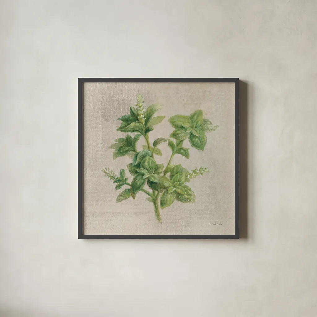 Basil by Danhui Nai. Shown in a sleek black glass frame for a contemporary gallery look. Available as an archival giclee rolled canvas, fine art paper, or poster print. SKU 100974a.