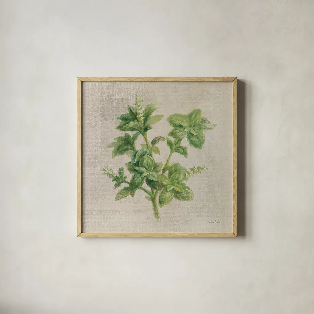 Basil by Danhui Nai. Shown in a natural wood glass frame for a timeless modern aesthetic. Available as an archival giclee rolled canvas, fine art paper, or poster print. SKU 100974a.