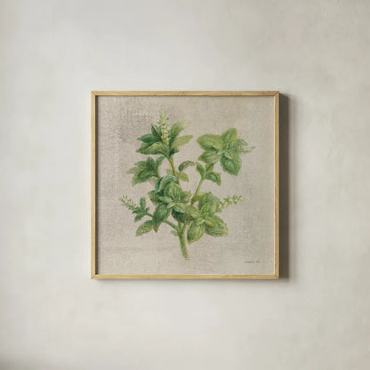 Basil by Danhui Nai. Shown in a natural wood glass frame for a timeless modern aesthetic. Available as an archival giclee rolled canvas, fine art paper, or poster print. SKU 100974a.